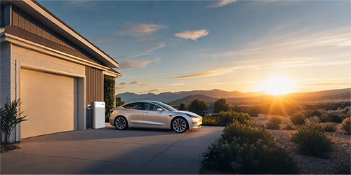 Electric vehicle charging at home with Sigenergy battery at sunset